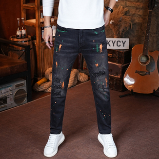 高端黑色牛仔裤男款秋冬2025新款潮流破洞补丁修身小直筒泼墨长裤
