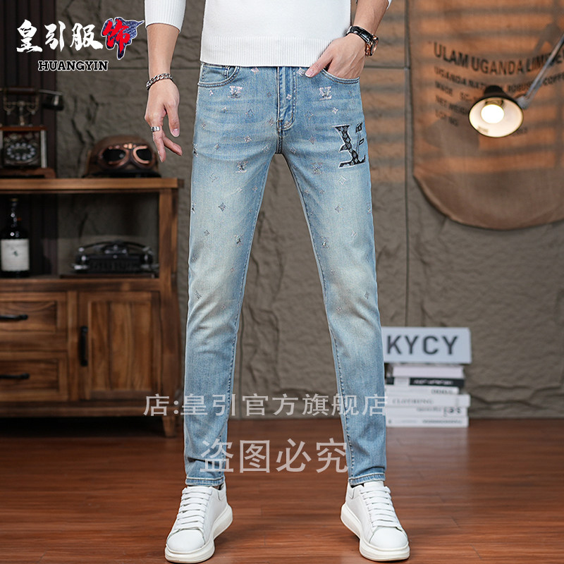高端欧货烫钻牛仔裤男款春夏新款浅蓝色潮流修身小脚男士潮牌长裤
