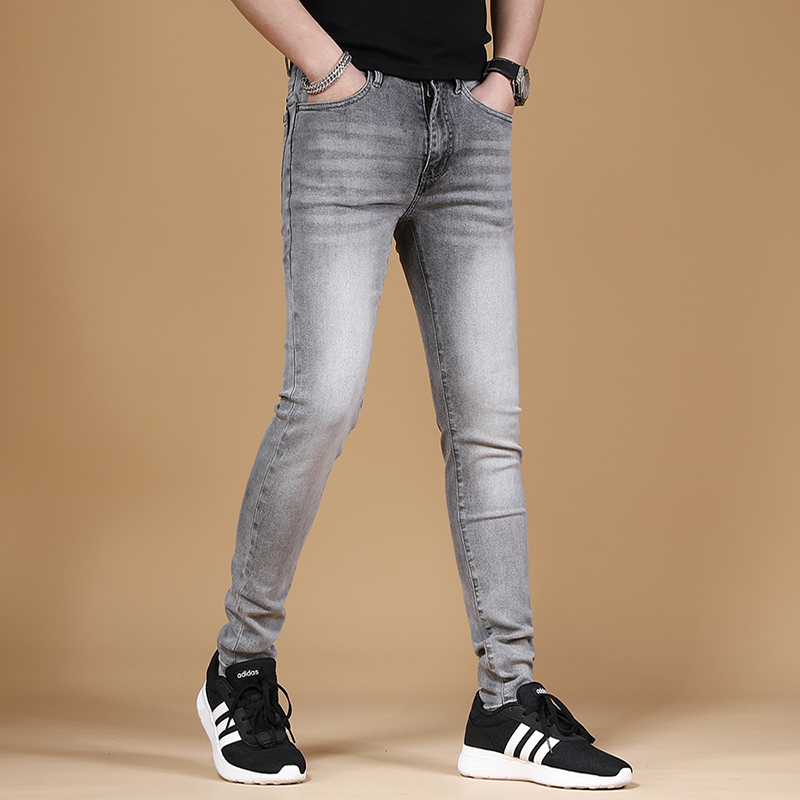 高端灰色牛仔裤男士秋季新款浅色弹力潮牌黑色修身小脚休闲长裤子