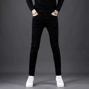 秋季九分纯黑色牛仔裤男款潮牌修身小脚弹力新款9分休闲裤子男士
