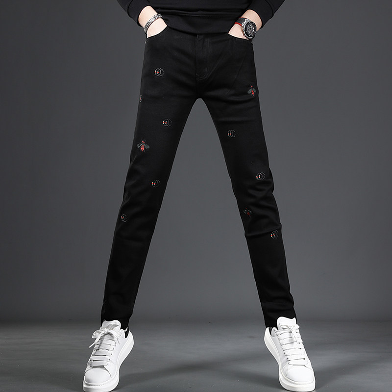夏季刺绣黑色牛仔裤男款潮牌弹力薄款休闲修身小脚长裤子韩版潮流