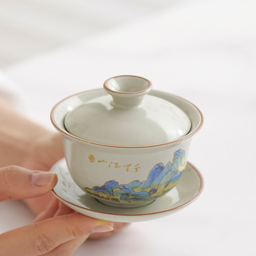 汝窑米黄三才盖碗悬停功夫茶具