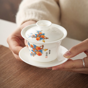 中国白浮雕三才盖碗陶瓷家用功夫茶具单个大号茶盏茶碗白瓷泡茶器