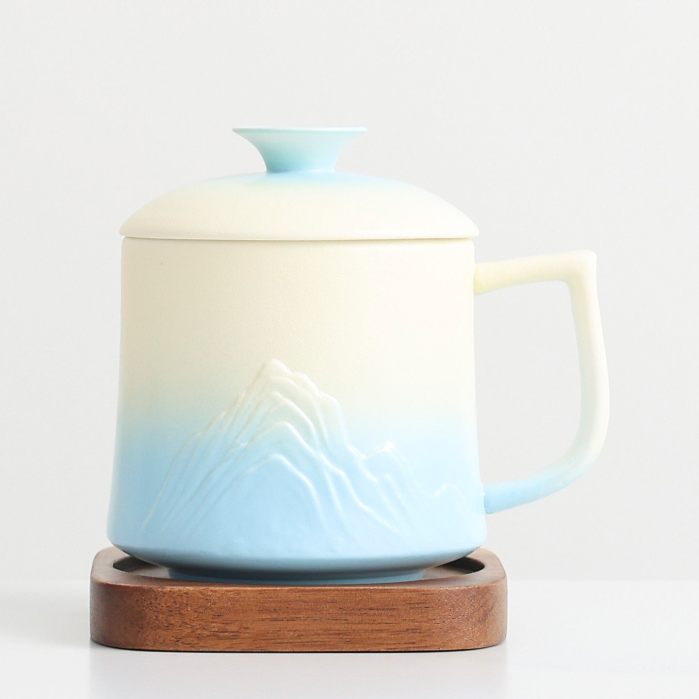 渐变浮雕陶瓷泡茶杯带盖中式国风办公马克杯茶杯个人专用情侣水杯