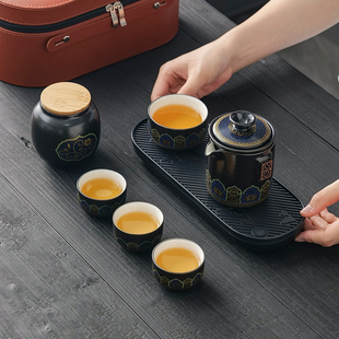 家用简约泡茶壶陶瓷茶杯户外露营车载茶盘便携式 功夫茶具小套装 包