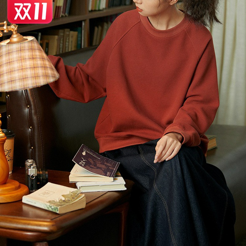 复古文艺桔红色长袖卫衣女宽松慵懒风圆领套头针织上衣秋桔红色桔