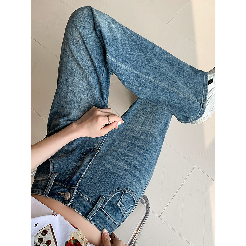 波斯蓝牛仔裤加长直筒裤垂感弹力