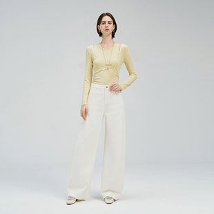 珍珠白色弯刀直筒牛仔裤女宽松休闲韩系百搭设计感阔腿长裤子