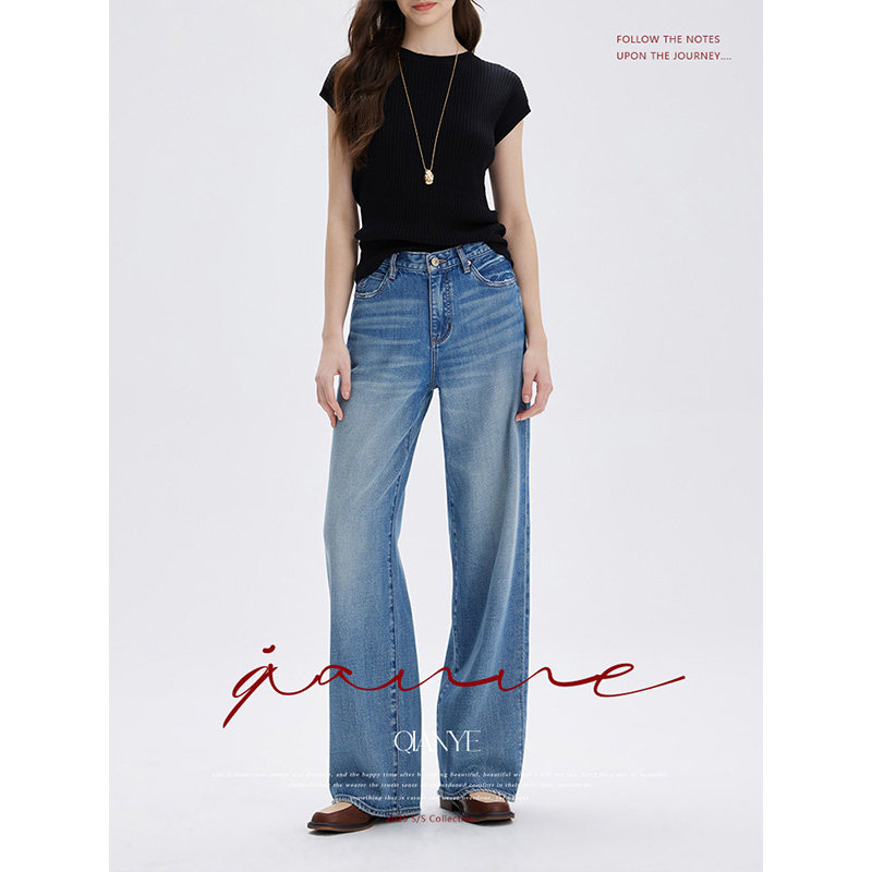 蓝色高腰宽松显瘦修身阔腿裤