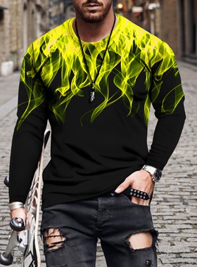 2021秋季新款独立站wish亚马逊跨境男装火焰印花简约男士长袖T恤