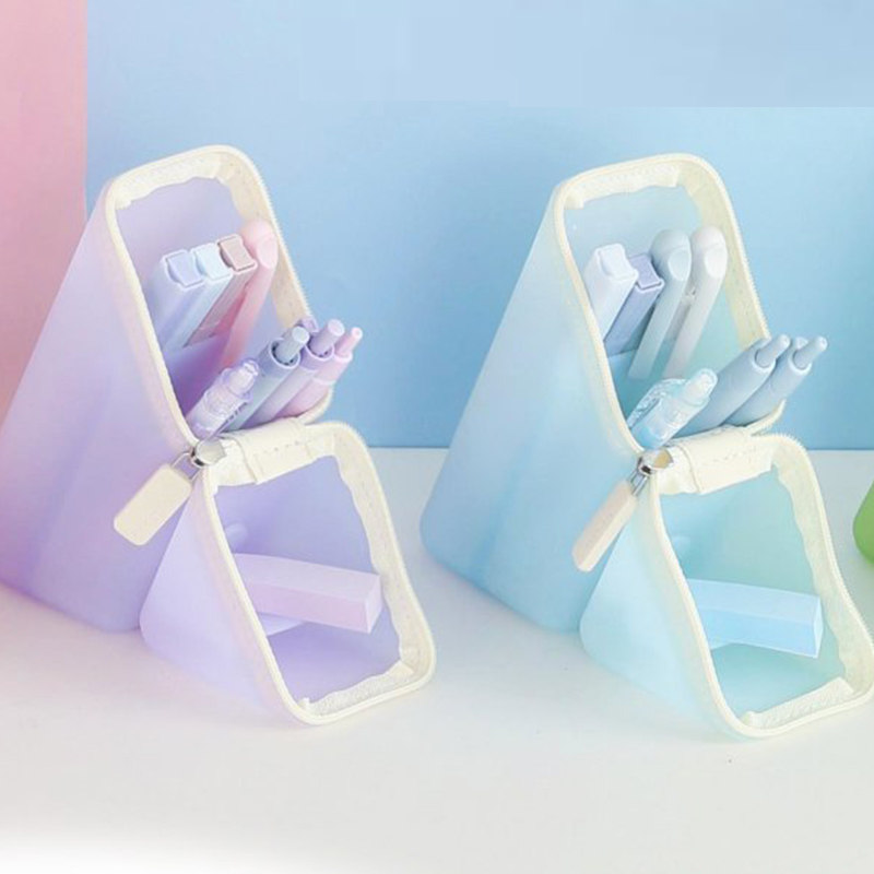 日本SONIC索尼克两用三角式硅胶笔筒笔袋拉链大开口糖果色多功能创意分类收纳化妆刷便携高颜值笔架