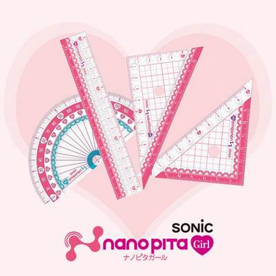 日本SONIC少女粉色蕾丝学生直尺量角器三角板套装透明防滑双面字尺子套装考试尺子学生用几何制图绘画