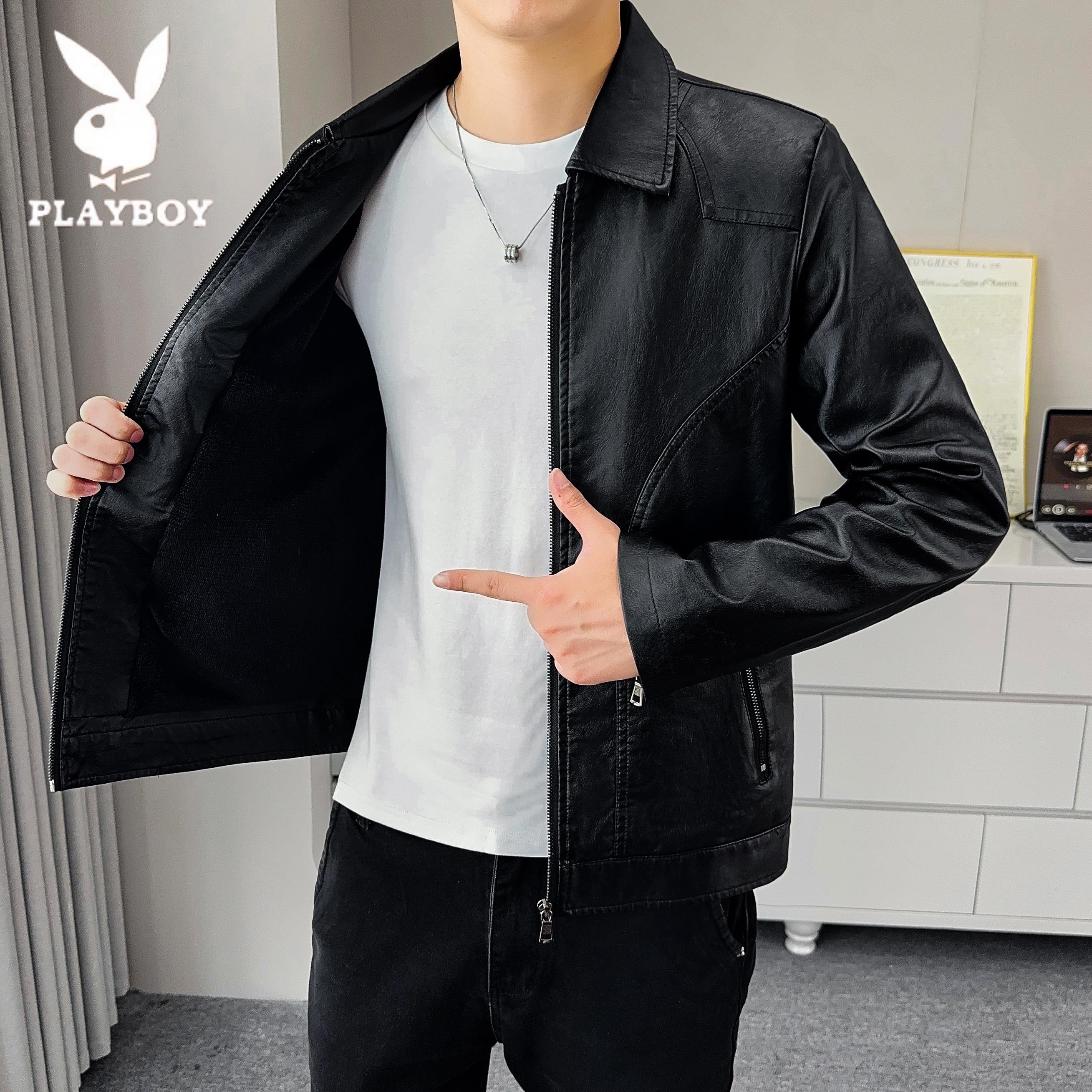 花花公子翻领男士皮衣机车服2025春秋季新款休闲真皮皮夹克外套男