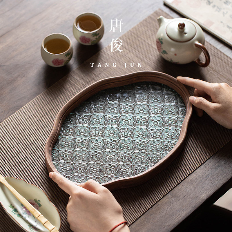 干泡盘海棠花家用小型泡茶台托盘茶盘点心盘果盘实木收纳盘茶室