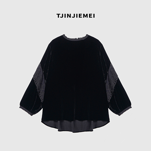 【T井姐妹】设计感花边拼接真丝丝绒衬衫TX2606-TJ923