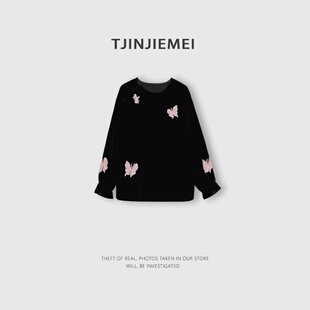 TJ645 设计感精致刺绣真丝丝绒气质T恤TX2601 T井姐妹 蝴蝶梦