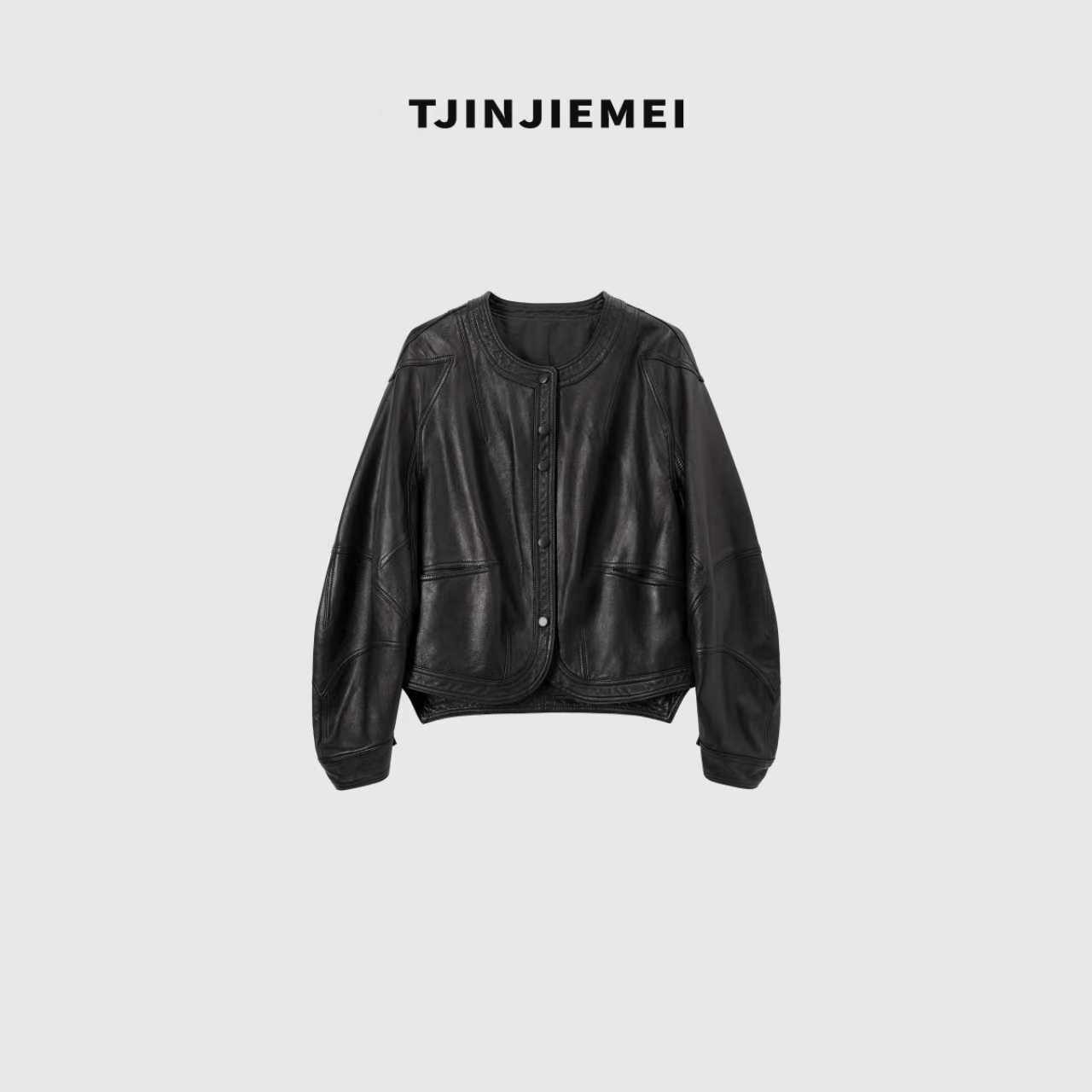 T井姐妹【奥黛丽】设计感气质领百搭皮衣外套PY2507-TJ406