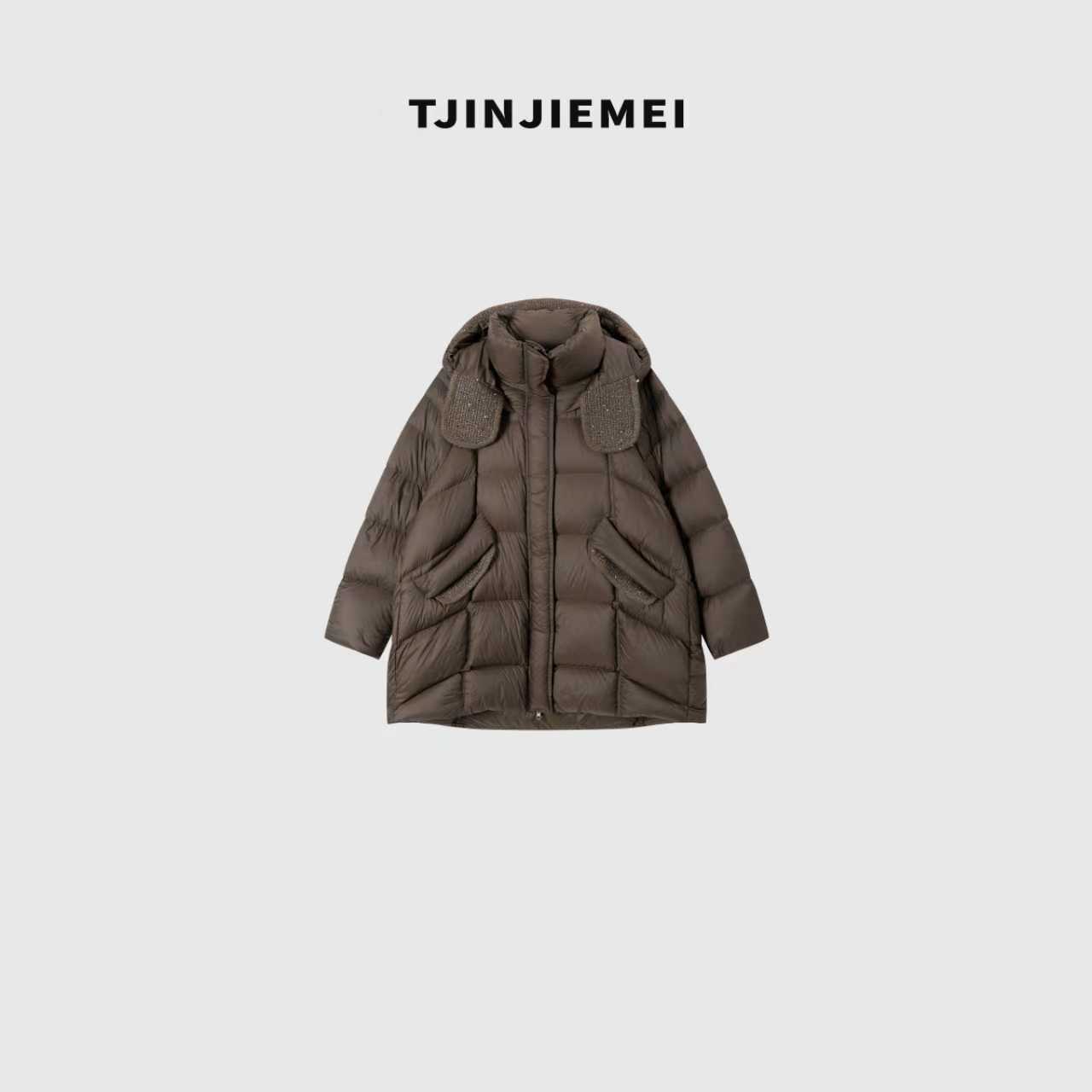 T井姐妹【】针织拼接银河亮片帽耳中长款羽绒服YRF2510-7133