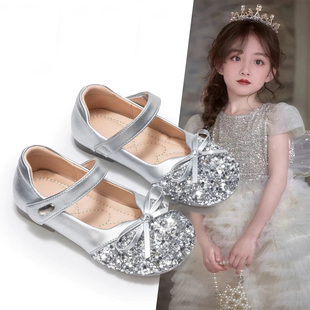 公主鞋女童艾莎鞋子2025新款儿童皮鞋宝宝银色水晶鞋单鞋秋季软底