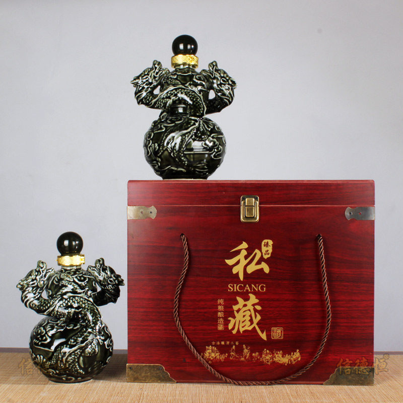 陶瓷酒瓶空瓶1斤装磨砂金白菜龙酒坛子百财如意锦盒套装双龙戏珠