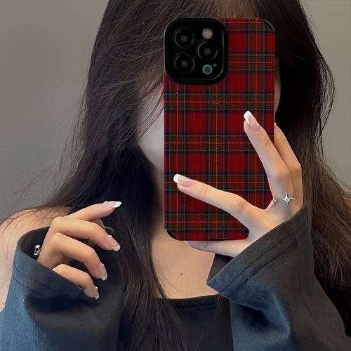 红色格子皮质壳适用防摔手机壳