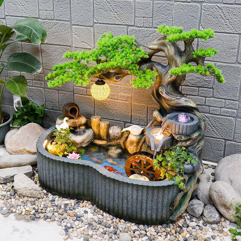 鱼池循环水景露台阳台假山流水客厅摆件庭院花园水池水车石磨造景