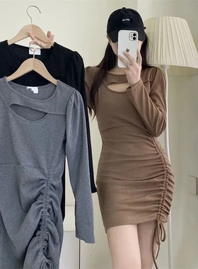 2025秋冬新款打底裙修身设计感气质小心机镂空抽绳褶皱内搭包臀裙