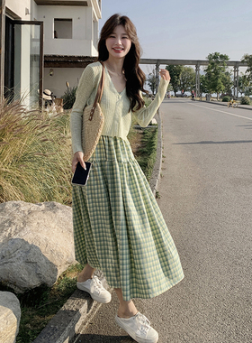 度假风吊带连衣裙女甜美格子裙长裙两件套5038P135K198
