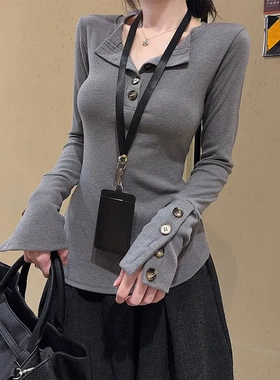 晨领【冲量款】【罗纹德绒1X1】辣妹长袖T恤女装新款秋季韩系内搭