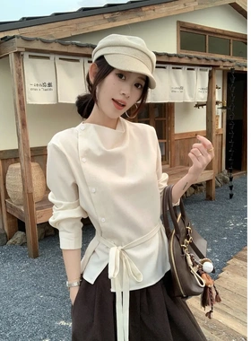 MR【原版面料】复古不对称荡领斜门襟长袖衬衫女秋季绑带收腰上衣