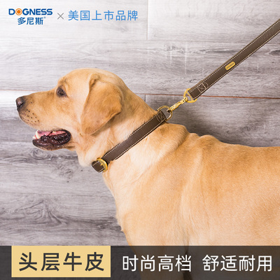 多尼斯头层牛皮项圈金毛牵引绳