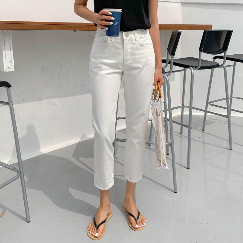 白色高腰直筒牛仔裤女九分直筒裤韩版显高显瘦黑色百搭八分小个子