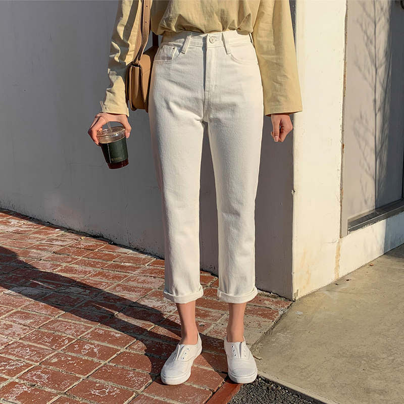 韩国米色直筒牛仔裤女奶白色九分韩版高腰显瘦八分烟管宽松百搭裤