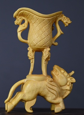 黄杨木瑞兽酒杯摆件 木雕器皿中式古典摆饰家居办公木质工艺品