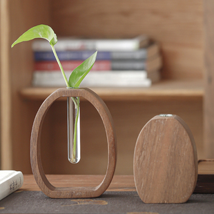 创意胡桃木玻璃试管水培花器简约桌面小花瓶摆件客厅插花水培禅意