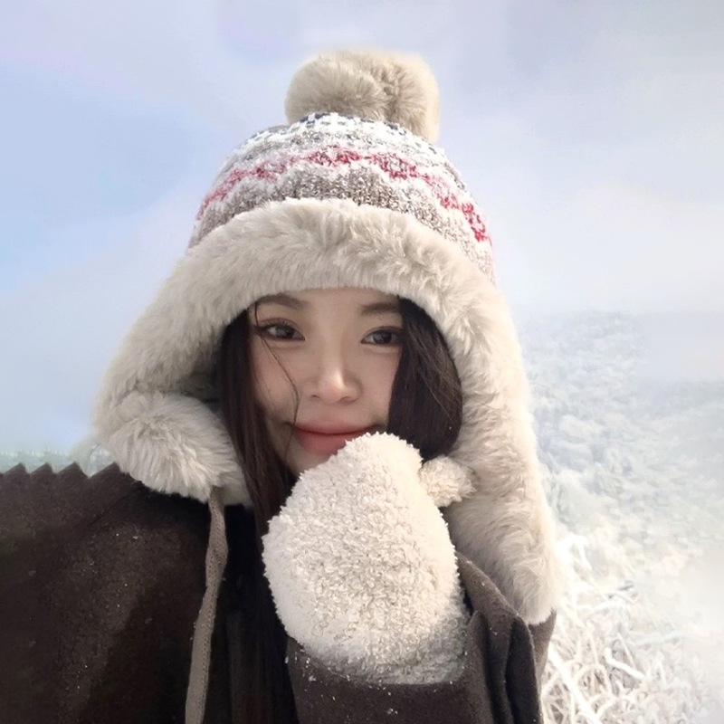 费尔岛帽子女秋冬季针织毛线帽保暖护耳毛绒雪地帽东北防寒雷锋帽