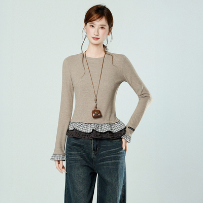 实拍实价下摆花边格子拼接长袖T恤女秋冬修身内搭德绒打底衫上衣