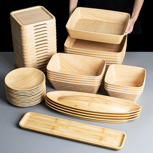 密胺木纹寿喜烧火锅自助菜品展示盘长方形旋转火锅蔬菜菌菇拼盘