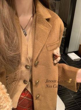 NSS CLL服ECTION 小HKJ金扣学院西女短毛呢西装宽松翻O领款大衣外
