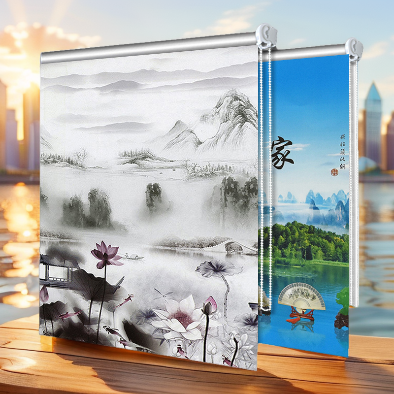 卷拉式风景画窗帘拉链挂画全套一整套窗帘卧室遮光厨房免打孔