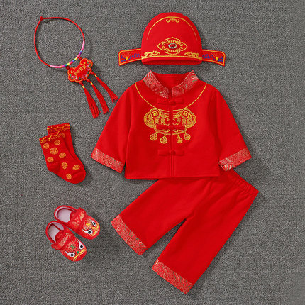 秋冬纯棉婴儿红色唐装满月百岁服周岁礼服男女宝宝抓周服拜年服