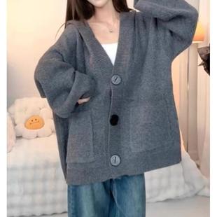 胖mm宽松慵懒风高级感上衣 大码 灰色连帽针织开衫 毛衣外套女春秋季