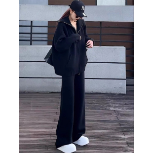 宽松时尚 大码 洋气欧货卫衣两件套 女秋冬季 高级感黑色休闲运动套装