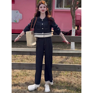 两件套 遮肉显瘦欧货阔腿裤 气质高级感蕾丝牛仔套装 女2025春秋大码