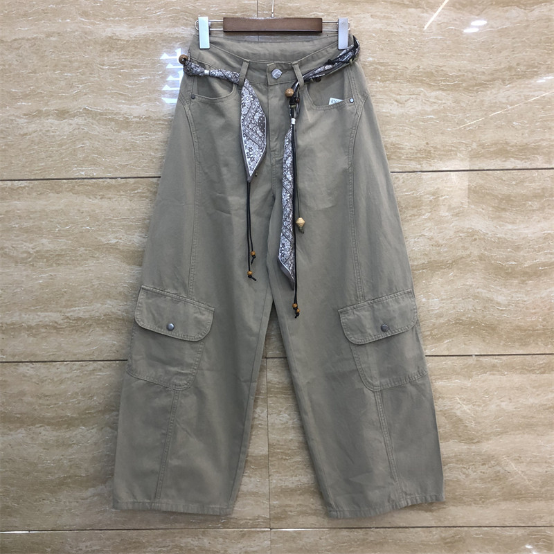 欧洲站6361-1卡其色正品丝巾腰带纽扣口袋褶皱弯刀工装夏款休闲裤
