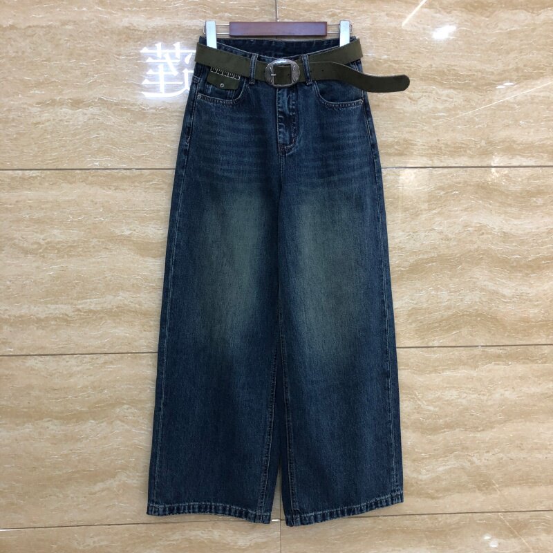 欧洲站复古腰带阔腿牛仔裤显瘦女