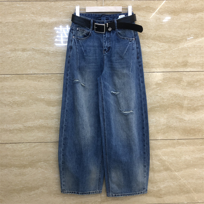 薄款褶皱破洞宽松显瘦牛仔裤女装