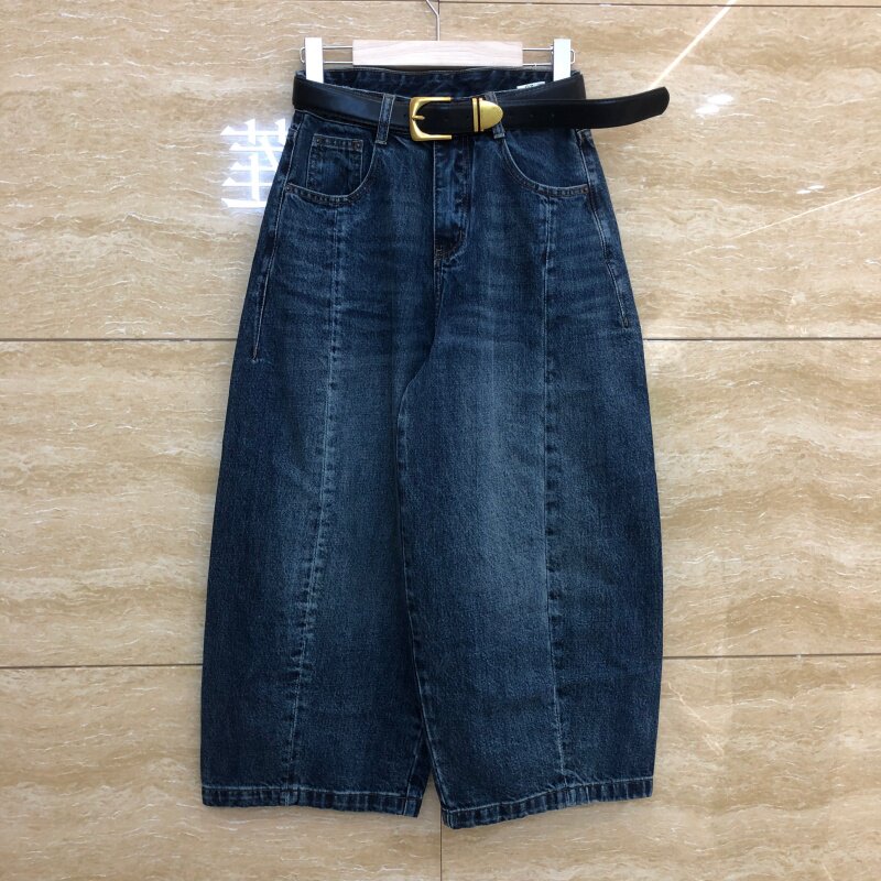 欧洲站S26670阔腿牛仔裤女宽松显瘦九分弯刀裤配腰带拼接杠条秋款