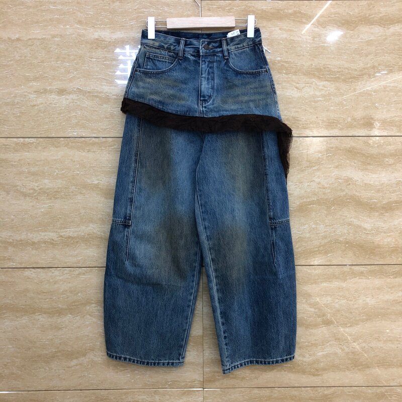蓝色假两件蕾丝显瘦直筒牛仔裤女