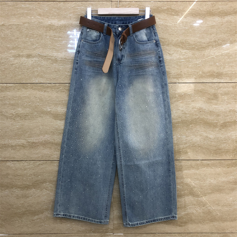 欧洲站2660阔腿直筒宽松烫钻渐变色猫痕设计薄款浅色春装牛仔裤女